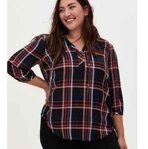 Torrid black and multi plaid twill peasant blouse